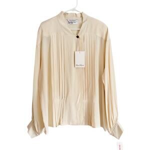 Max Mara 100% Silk Blouse Ivory Pleated Top Quiet Luxury Old Money Retro Classic